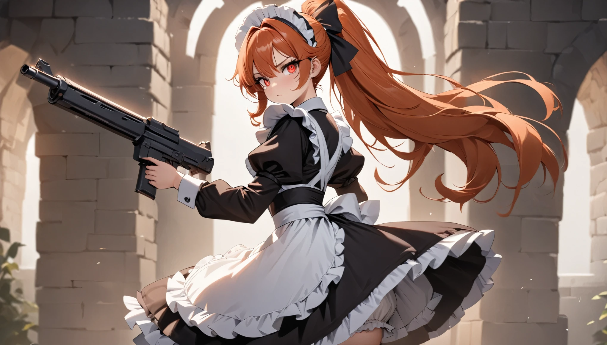 (best quality,4k,8k,highres,masterpiece:1.2),ultra-detailed, (1girl) A cute age gunslinger maid with red eyes, drawn in anime style, spiky ginger hair in a long ponytail, victorian fashion, wearing a cute black maid dress with puffy sleeves, corset, tactical gear, light armour, petticoat, bloomers, a frilly headband, a frilly white apron, high-heel boots, ribbons, wielding a gun, steampunk style, guarding a castle hallway, extremely detailed eyes and face,longeyelashes,volumetric lighting,cinematic lighting,protective posture,dramatic close up,highly detailed texture,intricate details.