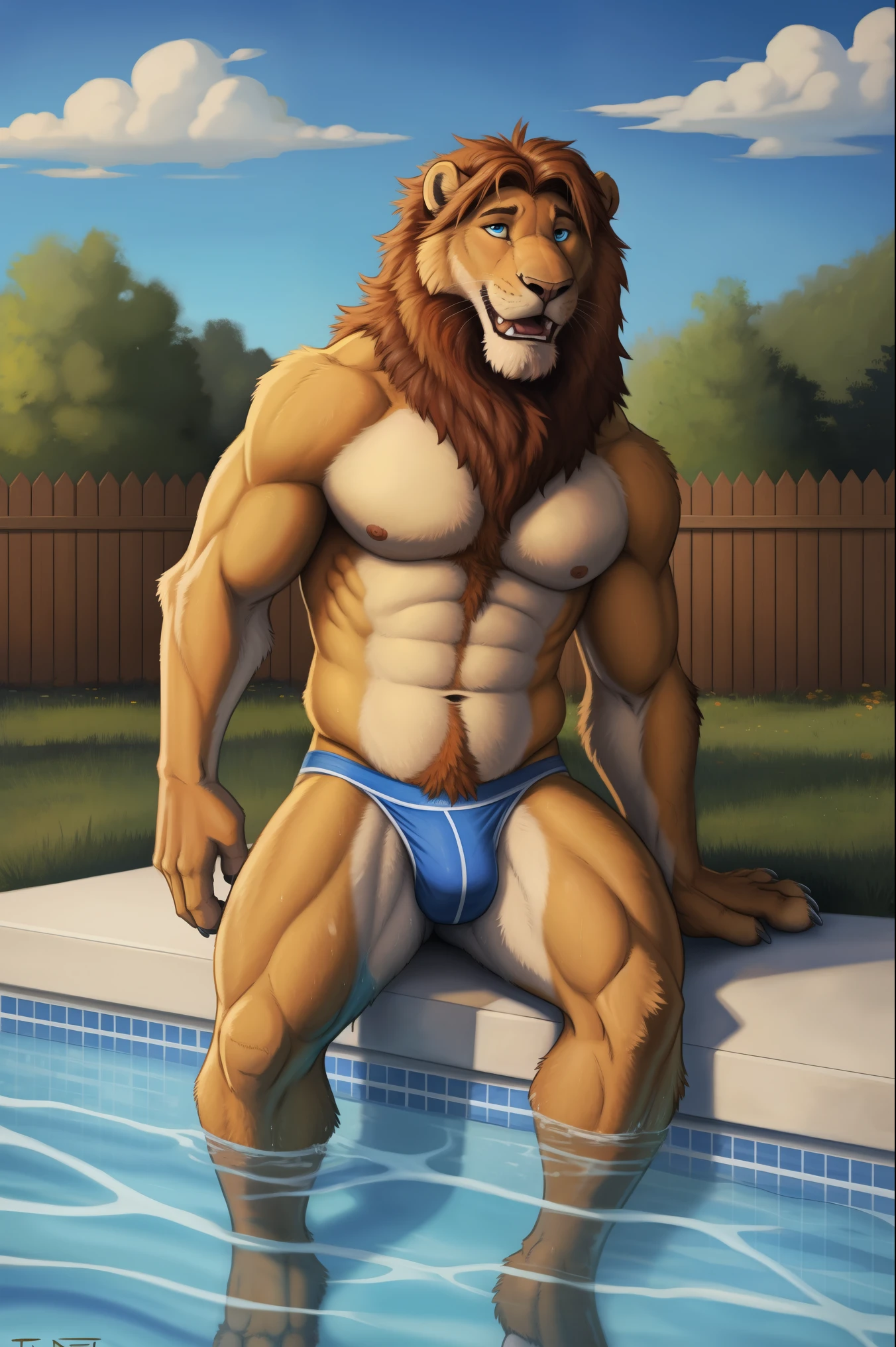 Anthro, anthro solo, realistic, anthropomorphic, body fur, 4k, hi res, detailed eyes, 8k eyes, eyes focus, colorful eyes, outdoors, pool, grass, large backyard, fence, wet bodies, blue eyes, open mouth, muscular lion male, in pool, in water, briefs, tail shown, digital artwork,(flat colors:1.2),(by adios, by k-9,by paintfox:.8), by delirost, by tritscrits, (detailed fur, detailed fur texture:0),(masterpiece, best quality, high quality, highres, ultra-detailed)