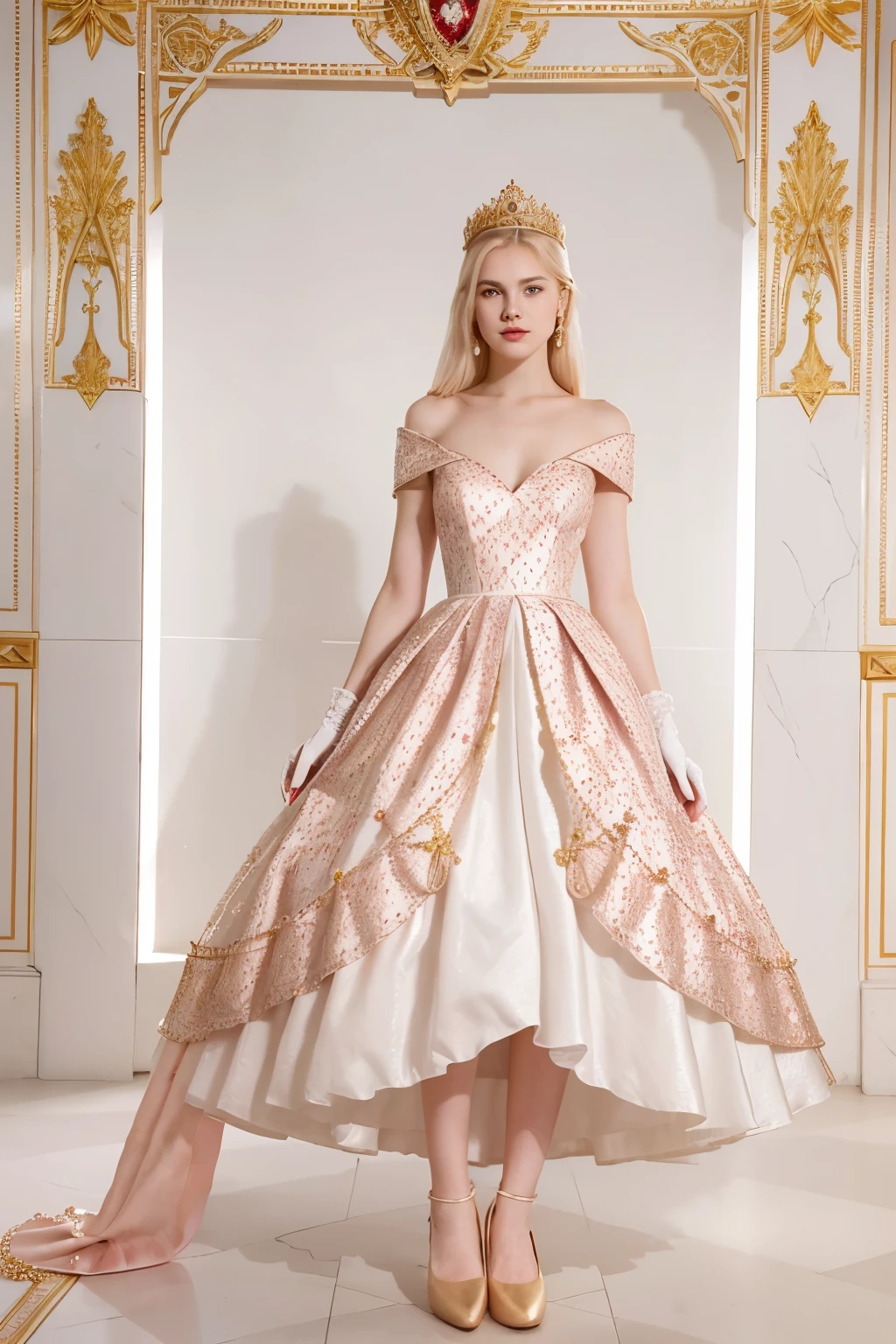 I am 20 years old with the characteristics of having pale white skin, thin pink lips, a pointed nose, a somewhat tall and ideal body, royal member, wearing a wide long red dress, with gold layers adorning the pattern, then wearing a white diamond crown and its pearls are also red, wearing glass shoes, and white gloves