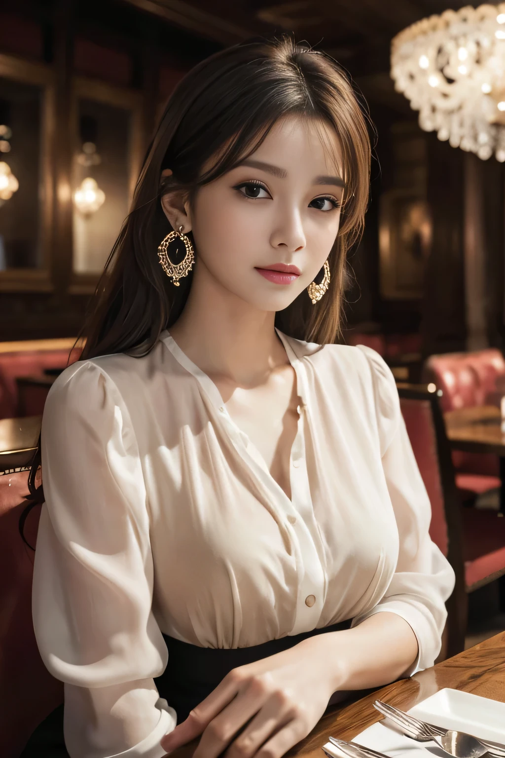 masterpiece, highest quality, Realistic, Very detailed, Finer details, High resolution, 8k wallpaper, One beautiful woman, Wear an elegant see-through blouse, In a great restaurant, At night, Light brown messy hair, Perfect dynamic composition, Beautiful and beautiful eyes、Big earrings、Sitting in a chair、