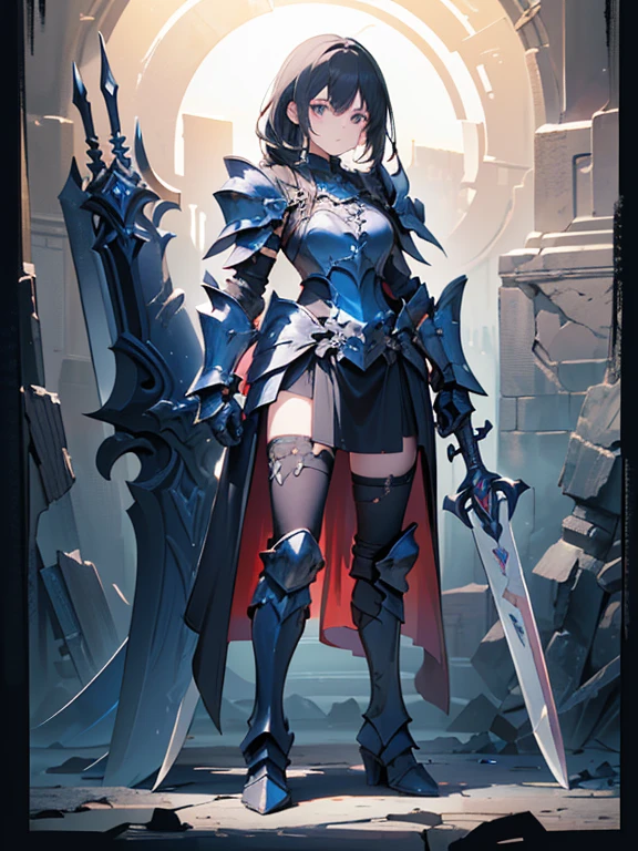 Design a layout showcase Gaming character, (1girl). Black+Gold clothes, opulent and dark, ((showcase weapon:1.4)), cursed blade, (masterpiece:1.2), (best quality), 4k, ultra-detailed, (Step by step design, layout art:1.5), (gloomy lighting, cursed atmosphere), dark knight, ((cursed gloves)), (((revealing armor:1.3))), dark vambraces, cursed boots, (((full_body_shot:1.4)))