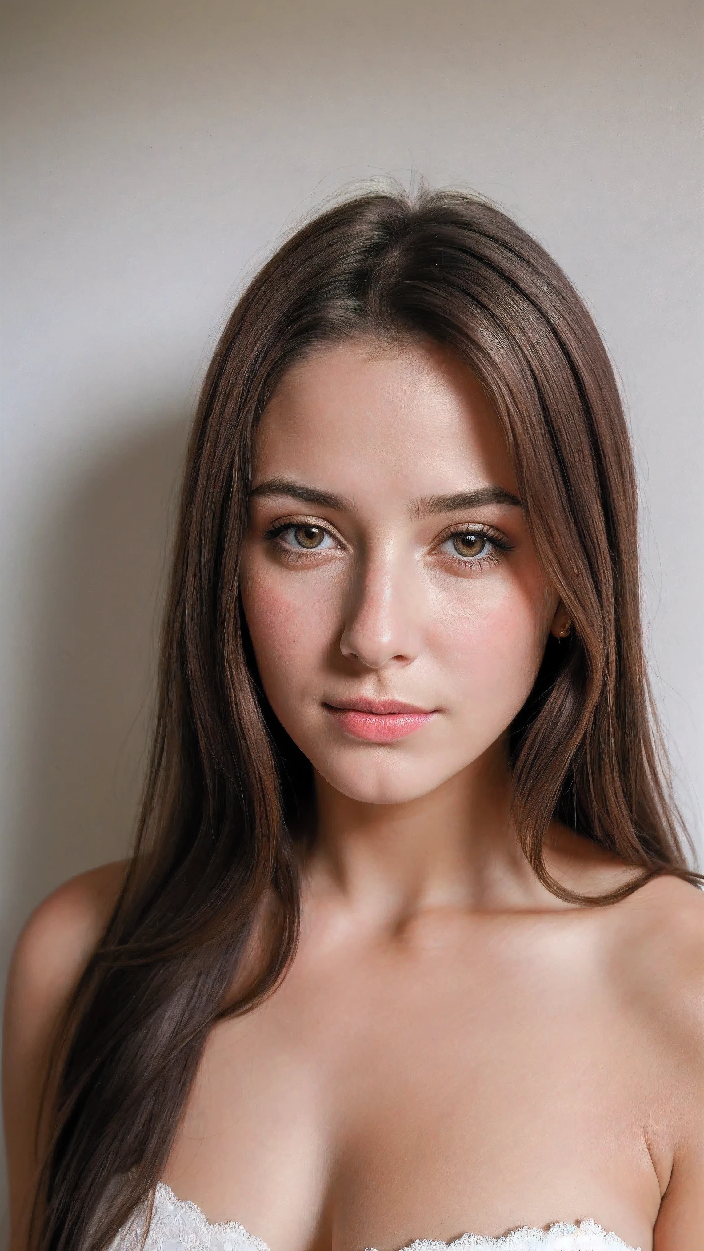 Senhora bonita,, maquiagem escura, Fotografia hiper detalhada, luz suave, head and breast portrait, cobrir,, best quality, (rosto bonito detalhado, textura da pele do detalhe, corpo ultra-detalhado:1.1) brown hair, Hazel Eyes 18 anos adolescente
