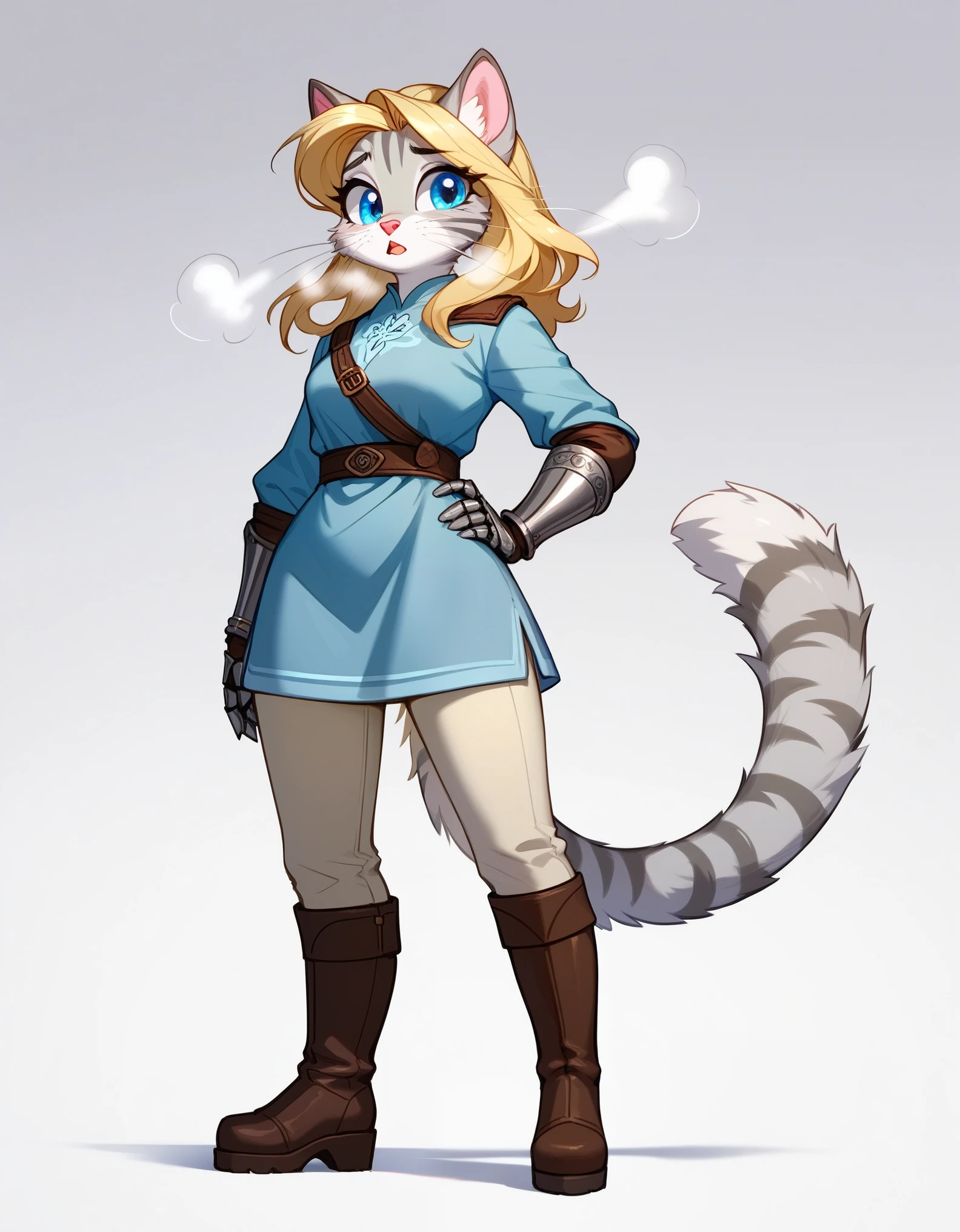 Solo, score_9,score_8_up,score_7_up, source_furry, ((Kat, Anthro furry feline girl, tall body, adult female, blue eyes, silver fur, grey stripes, blonde hair with pony tail, :3, white whiskers, pink nose)), wearing simple blue long sleeve tunic, brown leather gauntlets, light brown fitted pants, brown wedge heel boots, standing, one hand on hip, sad eyes, eyes half open, mouth open, visible sigh, breathe puff, she is sweating, simple white background, full body shot,