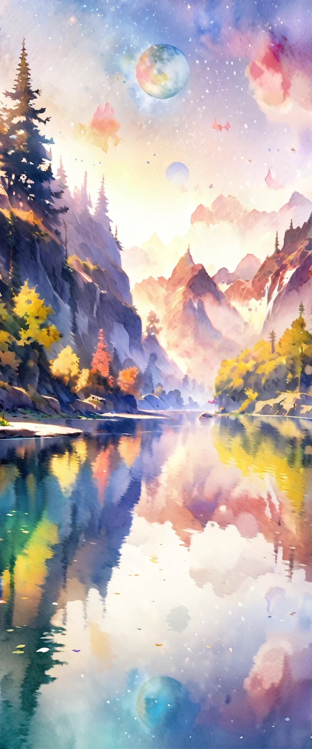 (very beautiful elaborate watercolors:1.5),beautiful nature,beautiful lake\((very elaborate and beautiful galaxy reflected:1.4)\),waterfalls,fantasy,some fairies,beautiful sky, BREAK ,quality\(8k,wallpaper of extremely detailed CG unit, ​masterpiece,hight resolution,top-quality,top-quality real texture skin,hyper realisitic,increase the resolution,RAW photos,best qualtiy,highly detailed,the wallpaper\)