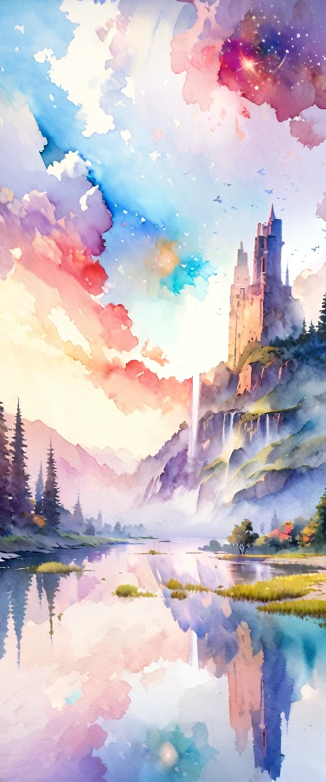 (very beautiful elaborate watercolors:1.5),beautiful nature,beautiful lake\((very elaborate and beautiful galaxy reflected:1.4)\),waterfalls,fantasy,some fairies,beautiful sky, BREAK ,quality\(8k,wallpaper of extremely detailed CG unit, masterpiece,hight resolution,top-quality,top-quality real texture skin,hyper realisitic,increase the resolution,RAW photos,best qualtiy,highly detailed,the wallpaper\)