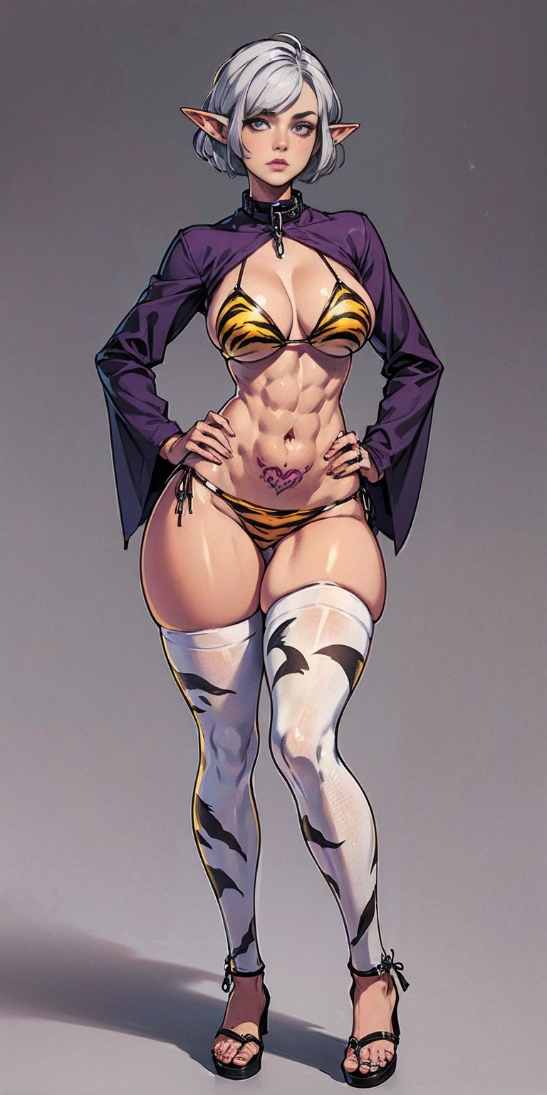 (Masterpiece, grey background:1.2) full body standing straight symmetrical looking to the viewer, view from below, far shot, cow boy shot, purple skin, drow, elf, 1girl, mature, purple eyes, pinched eyes, short silver white hair cut (yellow tiger bikini print long sleeves and long stockings) abs, navel, big knockers, tatter rags, leather choker,chain collar, stomach tattoo (red tattoo), hands on hips, wide hips, thick thighs, metal sandals,