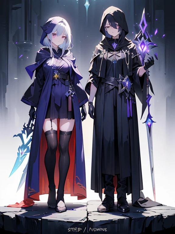 Design a layout showcase Gaming character, (1girl). Black+Purple clothes, dark and magical, ((showcase weapon:1.4)), dark staff, (masterpiece:1.2), (best quality), 4k, ultra-detailed, (Step by step design, layout art:1.5), (shadowy lighting, mystical atmosphere), dark mage, ((shadow gloves)), (((revealing robes:1.3))), dark vambraces, shadow boots, (((full_body_shot:1.4)))