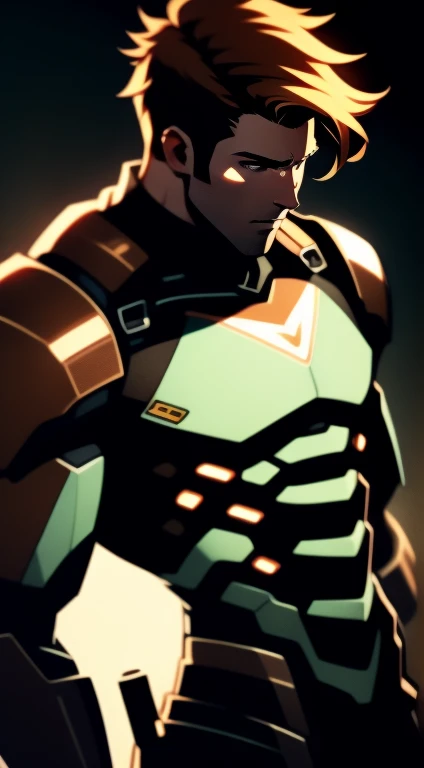  Mid 20s male detective, brown hair, detailed, toned body, simple, looking at viewer, cybernetic battle armor, gritty, unshaven