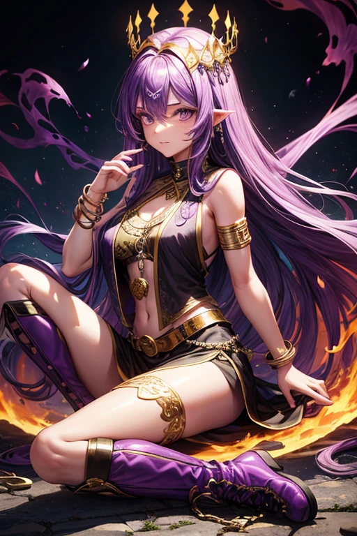 Woman about 30 years old, long purple hair, long messy hair, black eyes, djinn clothing, open purple sleeveless vest, purple vest with yellow Arabic print, black Arabic pants, gold belt, djinn bracelet with gems, brown boots, brown boots, phosphorescent purple tattoos, surrounded by fire and purple smoke with magic circles with chains tied to hands and feet surrounded by white chains on a background of Arab ruins. with magic circles and a crown of fire on his head, slim build