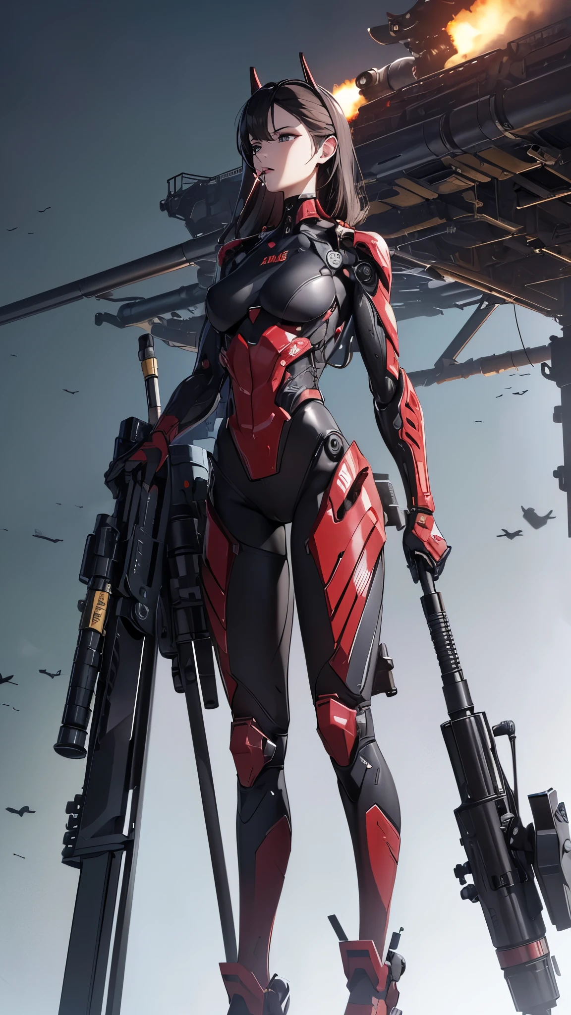 ((8K resolution))、((highest quality))、((masterpiece))、((Very detailed))((((dramatic))), (Anatomically correct)、The depth of the object to write、Looking at the camera、front、(Mechanical bones格、Mechanical boneechanical Cervical Vertebra、Long and thin、lipstick、Spit sludge from the mouth、Bloody)、spooky、an ominous、((theme、whole body:1.1)), SF、rifle、Missile Pod、minigun、Biomechanics、Design、background:Maintenance Dock