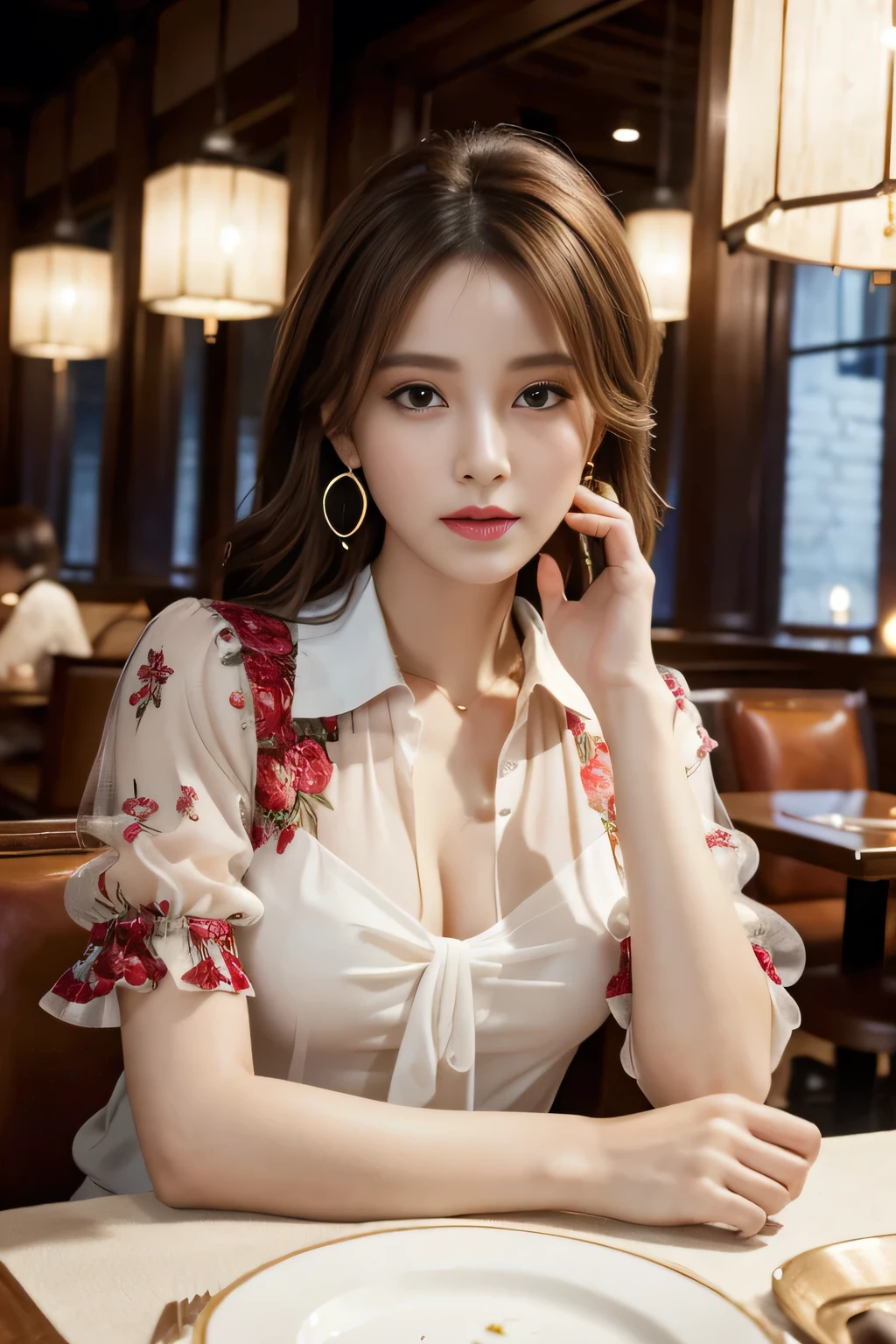 masterpiece, highest quality, Realistic, Very detailed, Finer details, High resolution, 8k wallpaper, One beautiful woman, Wear an elegant see-through blouse, In a great restaurant, At night, Light brown messy hair, Perfect dynamic composition, Beautiful and beautiful eyes、Big earrings、Sitting in a chair、