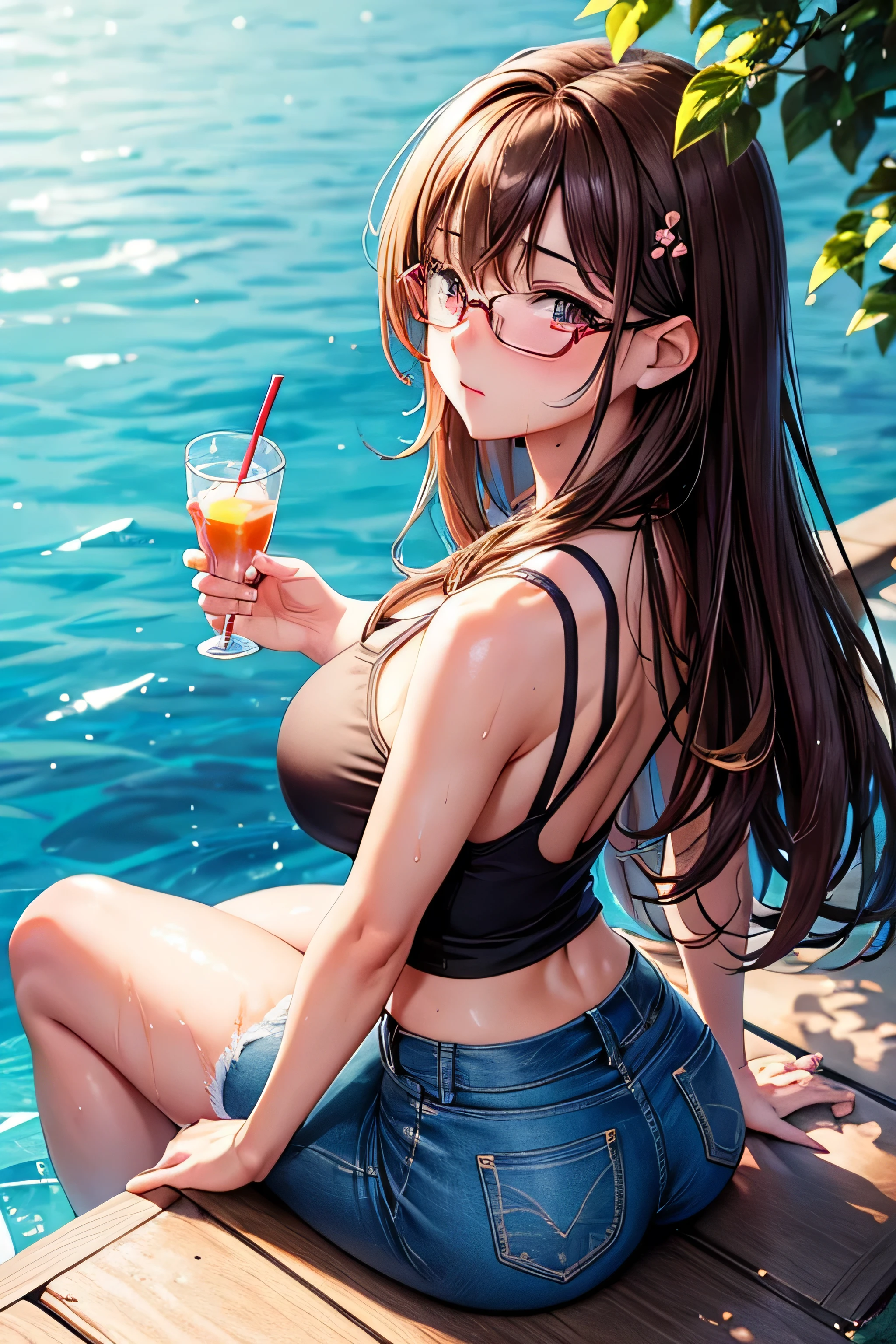 (Very detailed, 最high quality, Anatomically perfect body),High resolution, high quality, One girl, Anime Girls,Brown long hair, Brown eyes, Green glasses,heart shaped pupils,Sunburned skin, Large Breasts,beautiful breasts,pointy breasts,(Big Ass),beautiful ass,Embarrassed,Tank Top,jeans,lower body,sweat,wet,sitting,(open legs),cherryblossom,at cafe,(ice tea),(water),