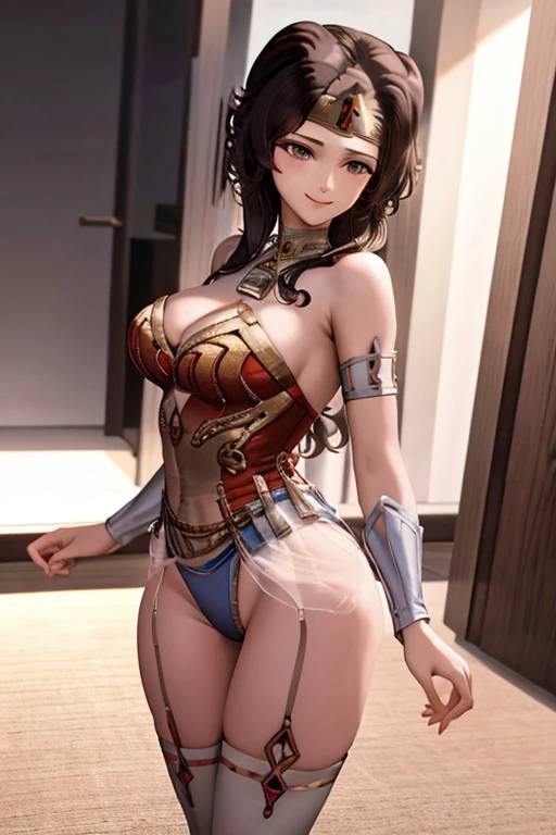 masterpiece, best quality, beautiful art, high resolution, well formed hands, body and fingers, 1 woman, solo, Ganyu, goat horns, wearing a wonder woman outfit , tiara , long hair,, adult, big breasted, cleavage, full body, sexy and skimpy outfit , gorgeous legs and thighs , dancing seductively and erotically, turning backwards and forwards, showing her back and front, showing her butt, bikini thong, smiling joyfully, looking at the viewer, flirting, beach environment