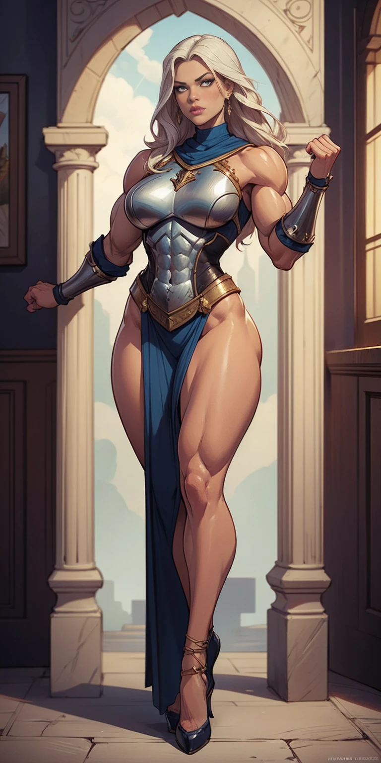 full body standing symmetrical beautiful woman, hyper realistic, 1girl, Asghar, Valkyrie, Lady Knight, correct anatomy, epic fantasy digital art, masterpiece, 8k, high definition resolution, detailed drawing, superior quality, epic composition, muscular body, muscular turned arms behind body