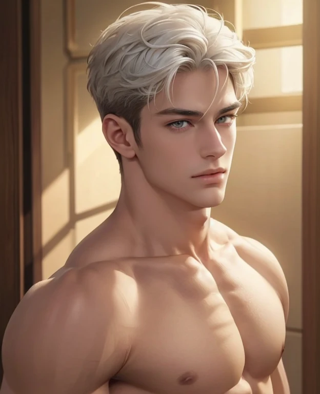 Full full body photorealistic 4k, Catboy , cat ears, yellow cats eyes, very high resolution, best quality, masterpiece, perfect color, perfect shade, perfect lighting, Posted by e621, ((portrait)), ((handsome man)), perfect male figure, Short hair details，chest muscles，abdominal muscles，Naked ，nudeness perfect detailed penis and scrotum, Detailed face, perfect face, (stood up), Detailed background, ((Bonifasco Lighting)), (delicate eyes)),white hair.perfect detailed penis and scrotum.