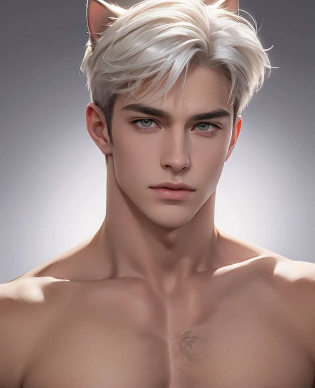Full full body photorealistic 4k, Catboy , cat ears, yellow cats eyes, very high resolution, best quality, masterpiece, perfect color, perfect shade, perfect lighting, Posted by e621, ((portrait)), ((handsome man)), perfect male figure, Short hair details，chest muscles，abdominal muscles，Naked ，nudeness perfect detailed penis and scrotum, Detailed face, perfect face, (stood up), Detailed background, ((Bonifasco Lighting)), (delicate eyes)),white hair.perfect detailed penis and scrotum.