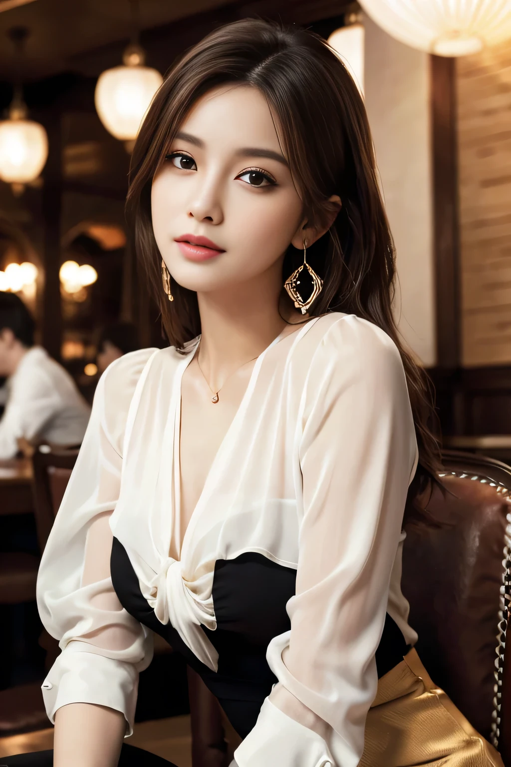 masterpiece, highest quality, Realistic, Very detailed, Finer details, High resolution, 8k wallpaper, One beautiful woman, Wear an elegant see-through blouse, In a great restaurant, At night, Light brown messy hair, Perfect dynamic composition, Beautiful and beautiful eyes、Big earrings、Sitting in a chair、