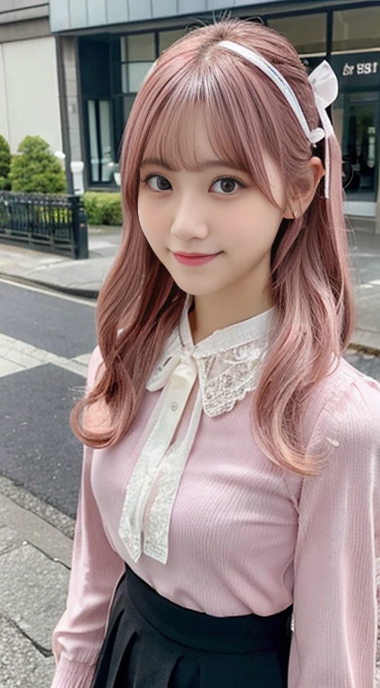 (???? :1.35),(Pink Hair :1.3),quality, Hello, extremely cute face, Very fine grain, Very fine hair, extremely cute, Very beautiful BREAK 1girl, Beautiful Face, cute, cute, Big eyes
(青White skin, White skin:1.2), (Purple eyes:1.2)
20-year-old, low length, Short hair with a slim waist, パステルPink Hair, Twin tails, Curly Hair, (Swept-apart bangs:1.3), Side Lock, Hair Ribbon, Black Ribbon, Lace ribbon, lace trim red eyeshadow, pink lips BREAK pink shirt, , jirai kei, Black Skirt, High Waist Skirt, black bow, bow, Long sleeve, choker, ribbon zip side combat boots
(pink blouse with lace:1.2)
Black tie ribbon lace trim legwear black knee socks absolute area BREAK outdoor, street, Shibuya 109 Rest Area
{Wicked Smile|Wicked Smile}