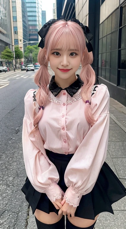 (nude :1.35),(Pink Hair :1.3),quality, Hello, extremely cute face, Very fine grain, Very fine hair, extremely cute, Very beautiful BREAK 1girl, Beautiful Face, cute, cute, Big eyes
(青White skin, White skin:1.2), (Purple eyes:1.2)
20-year-old, low length, Short hair with a slim waist, パステルPink Hair, Twin tails, Curly Hair, (Swept-apart bangs:1.3), Side Lock, Hair Ribbon, Black Ribbon, Lace ribbon, lace trim red eyeshadow, pink lips BREAK pink shirt, , jirai kei, Black Skirt, High Waist Skirt, black bow, bow, Long sleeve, choker, ribbon zip side combat boots
(pink blouse with lace:1.2)
Black tie ribbon lace trim legwear black knee socks absolute area BREAK outdoor, street, Shibuya 109 Rest Area
{Wicked Smile|Wicked Smile}