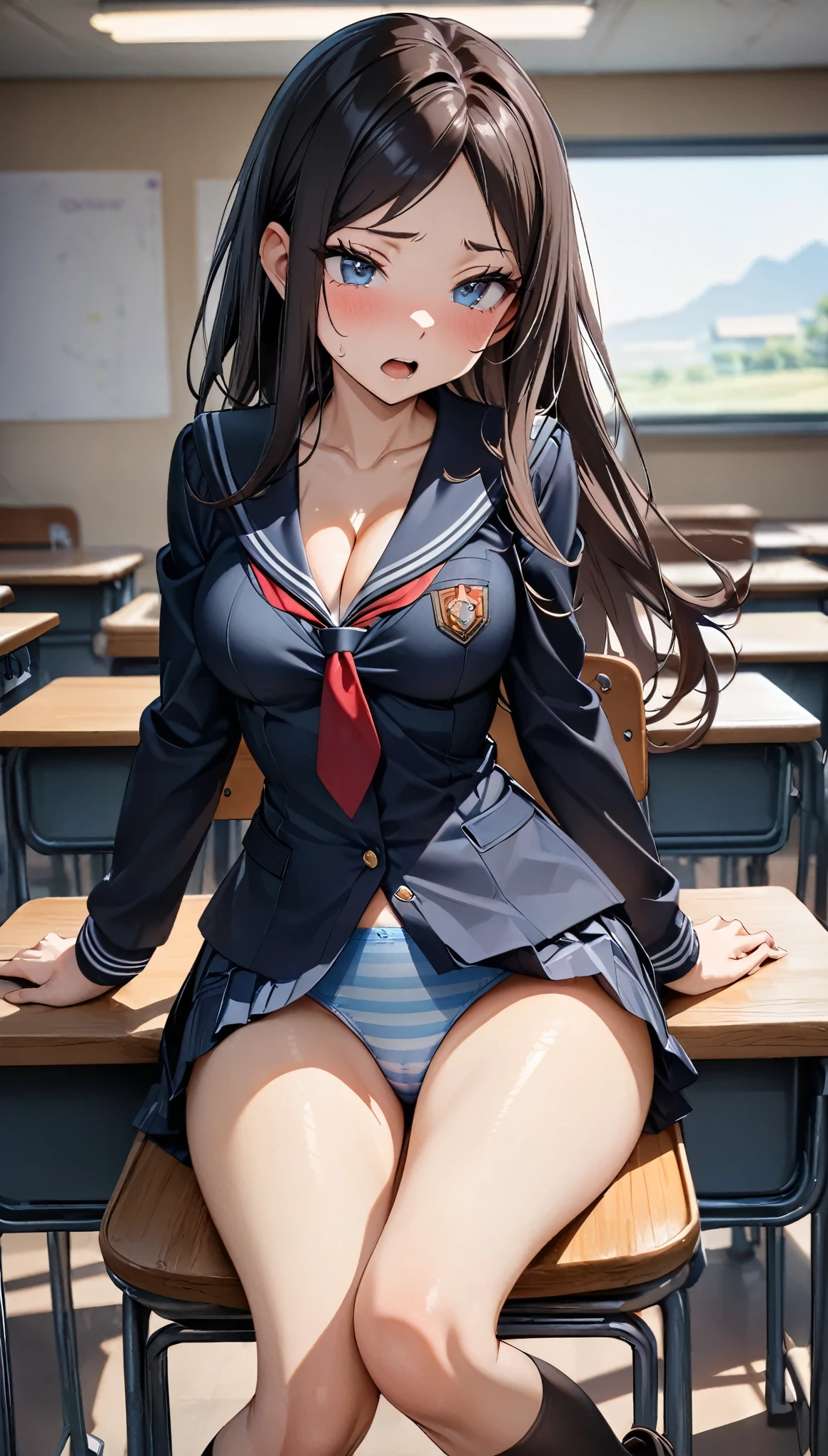 (cute eyes), (8K、Best image quality、highest quality、masterpiece)、Detailed face、Improve、(open mouth), (skinny body),(medium breasts), (school uniform),(Light blue striped underwear), (cleavage), Sit on a chair, Classroom Background, (black stockings), (Thighs:1.2), (Waistline:1.2)