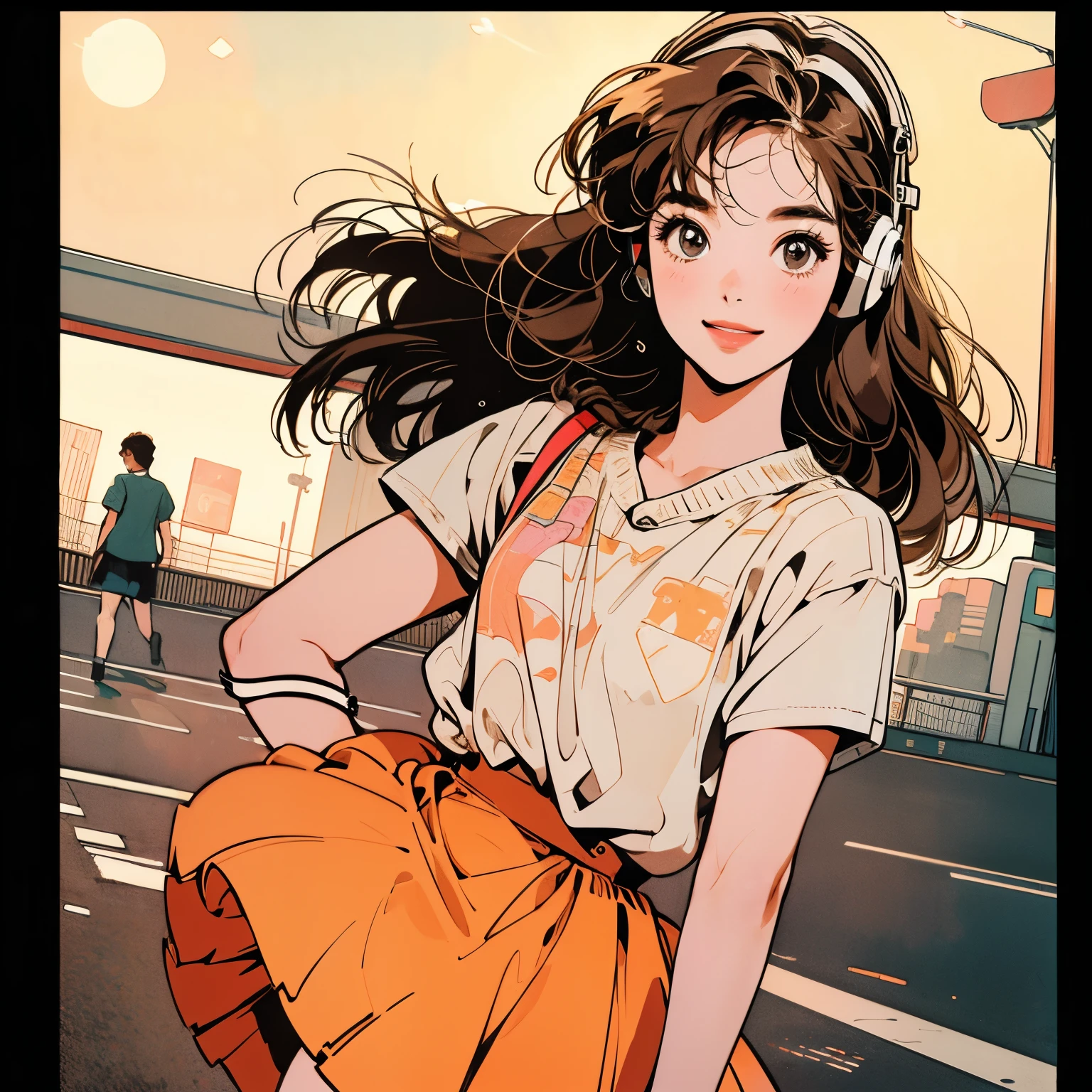 whole body、Kind Face、1 pretty woman、Short sleeve、skirt、pedestrian crossing、Signal 、intersection、Complex background、smile、Light brown hair、Faint lighting、Wearing headphones、looking at the camera
