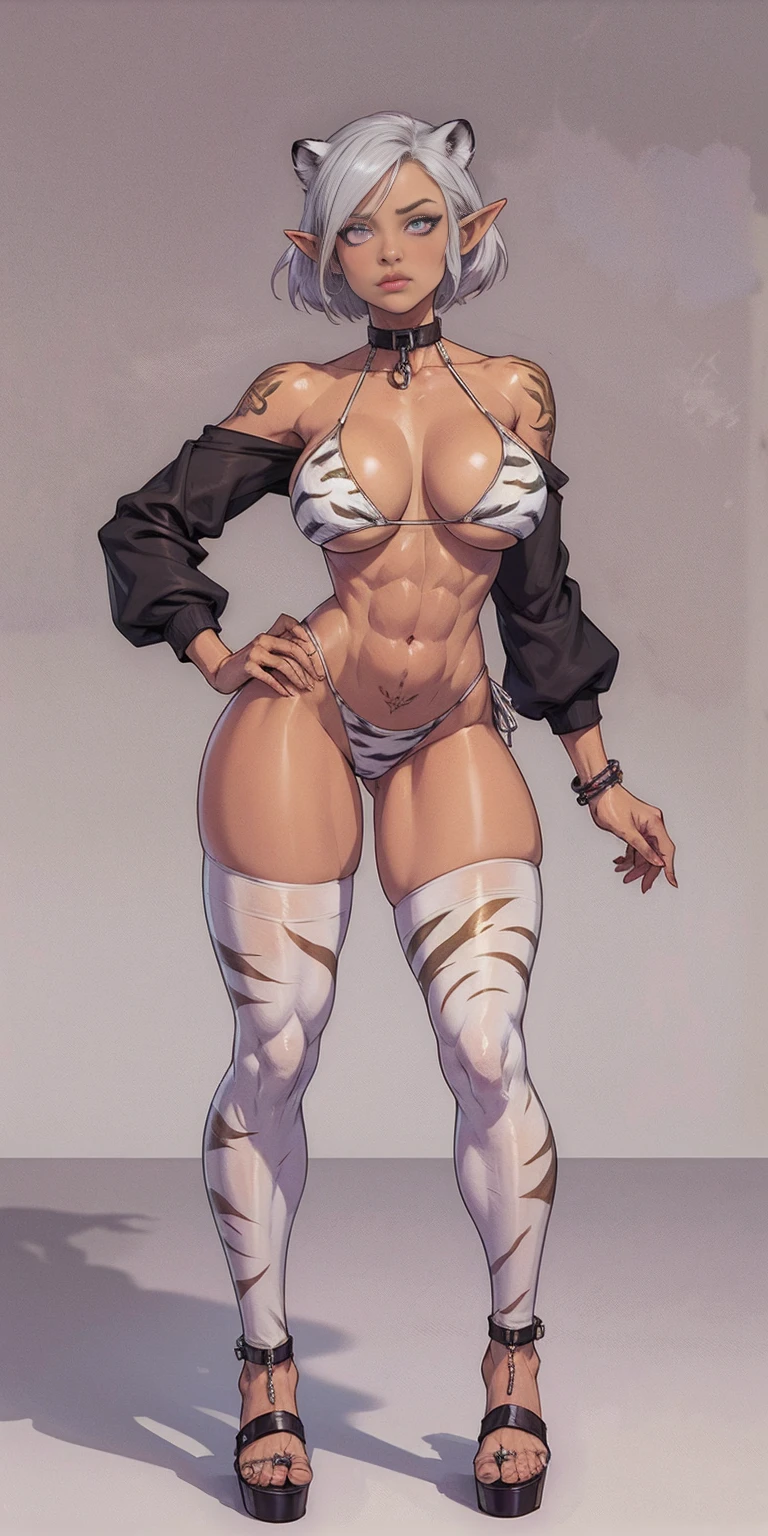 (Masterpiece, grey background:1.2) full body standing straight symmetrical looking to the viewer, view from below, far shot, cow boy shot, purple skin, drow, elf, 1girl, mature, purple eyes, pinched eyes, short silver white hair cut (yellow tiger bikini print long sleeves and long stockings) abs, navel, big knockers, tatter rags, leather choker, chain collar, stomach tattoo (red tattoo) hands on hips, wide hips, thick thighs, metal sandals