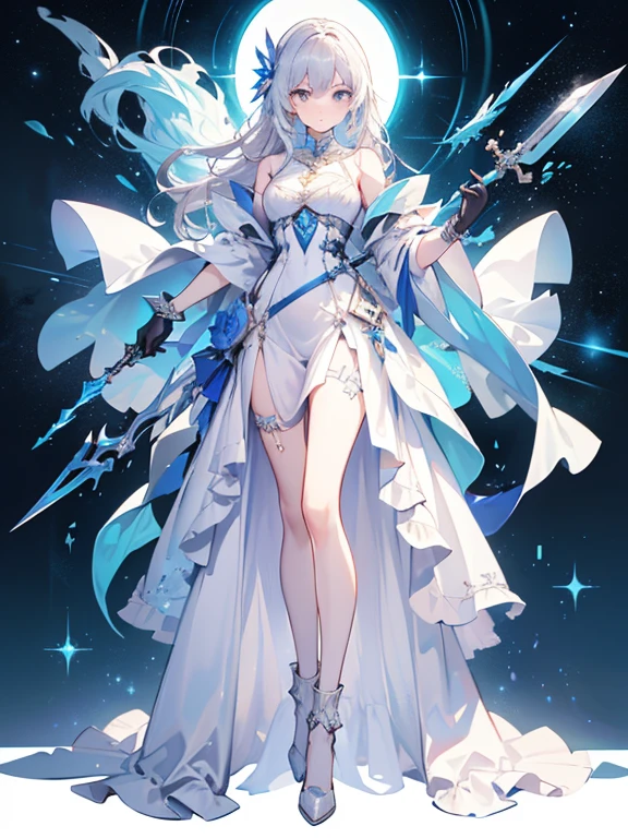 Design a layout showcase Gaming character, (1girl). Blue+Silver clothes, celestial and graceful, ((showcase weapon:1.4)), crescent blade, (masterpiece:1.2), (best quality), 4k, ultra-detailed, (Step by step design, layout art:1.5), (starry lighting, cosmic atmosphere), moon priestess, ((moonlit gloves)), (((revealing gown:1.3))), starlit vambraces, celestial boots, (((full_body_shot:1.4)))
