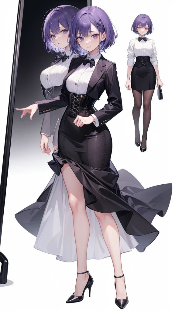 Purple Hair,short hair,Adult female,(suit),White Y-shirt,((Rolling up his sleeves)),(corset),(Black tight skirt),(High heels),Heels are visible,((Simple white background)),smile,((whole body)),((full body)),Character Sheet,