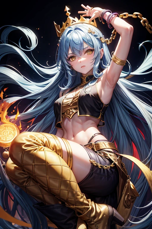 Woman about 30 years old, long blue hair, long messy hair, yellow eyes, djinn clothing, open black sleeveless vest, black vest with yellow Arabic print, blue Arabic pants, gold belt, djinn bracelet with gems, brown boots, brown boots, phosphorescent violet tattoos, surrounded by fire and violet smoke with magic circles with chains tied to hands and feet surrounded by white chains on a background of Arabian ruins. with magic circles and a crown of fire on his head, slim build