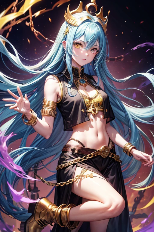 Woman about 30 years old, long blue hair, long messy hair, yellow eyes, djinn clothing, open black sleeveless vest, black vest with yellow Arabic print, blue Arabic pants, gold belt, djinn bracelet with gems, brown boots, brown boots, phosphorescent violet tattoos, surrounded by fire and violet smoke with magic circles with chains tied to hands and feet surrounded by white chains on a background of Arabian ruins. with magic circles and a crown of fire on his head, slim build