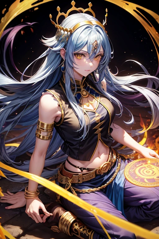 Woman about 30 years old, long blue hair, long messy hair, yellow eyes, djinn clothing, open black sleeveless vest, black vest with yellow Arabic print, blue Arabic pants, gold belt, djinn bracelet with gems, brown boots, brown boots, phosphorescent violet tattoos, surrounded by fire and violet smoke with magic circles with chains tied to hands and feet surrounded by white chains on a background of Arabian ruins. with magic circles and a crown of fire on his head, slim build