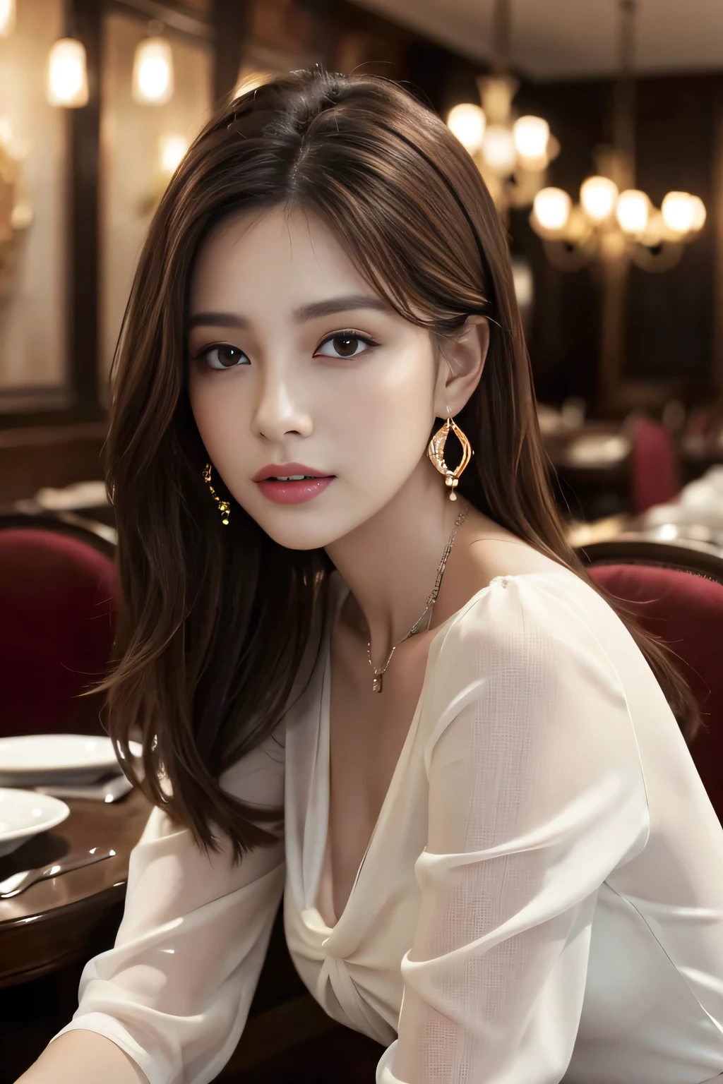 masterpiece, highest quality, Realistic, Very detailed, Finer details, High resolution, 8k wallpaper, One beautiful woman, Wear an elegant see-through blouse, In a great restaurant, At night, Light brown messy hair, Perfect dynamic composition, Beautiful and beautiful eyes、Big earrings、Sitting in a chair、