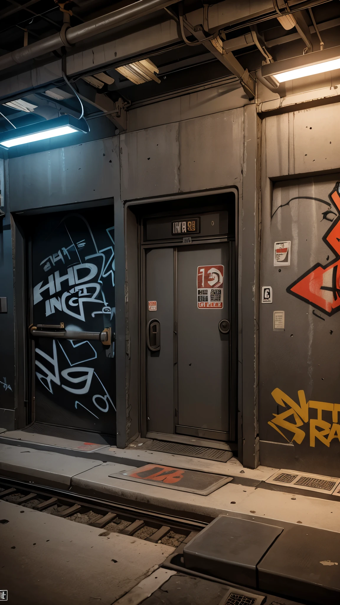 Gritty subway station with realistic graffiti art in the style of a graphic novel, intense expressions on characters' faces, underground atmosphere, Canon EOS R8, wide angle lens