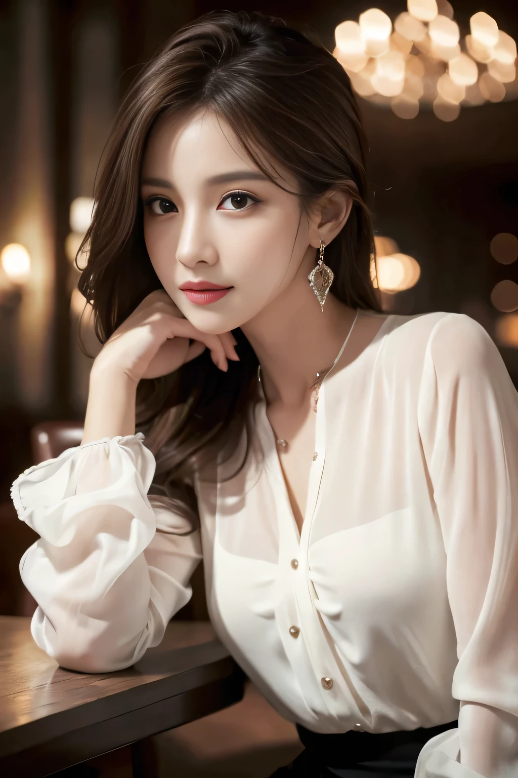 masterpiece, highest quality, Realistic, Very detailed, Finer details, High resolution, 8k wallpaper, One beautiful woman, Wear an elegant see-through blouse, In a great restaurant, At night, Light brown messy hair, Perfect dynamic composition, Beautiful and beautiful eyes、Big earrings、Sitting in a chair、
