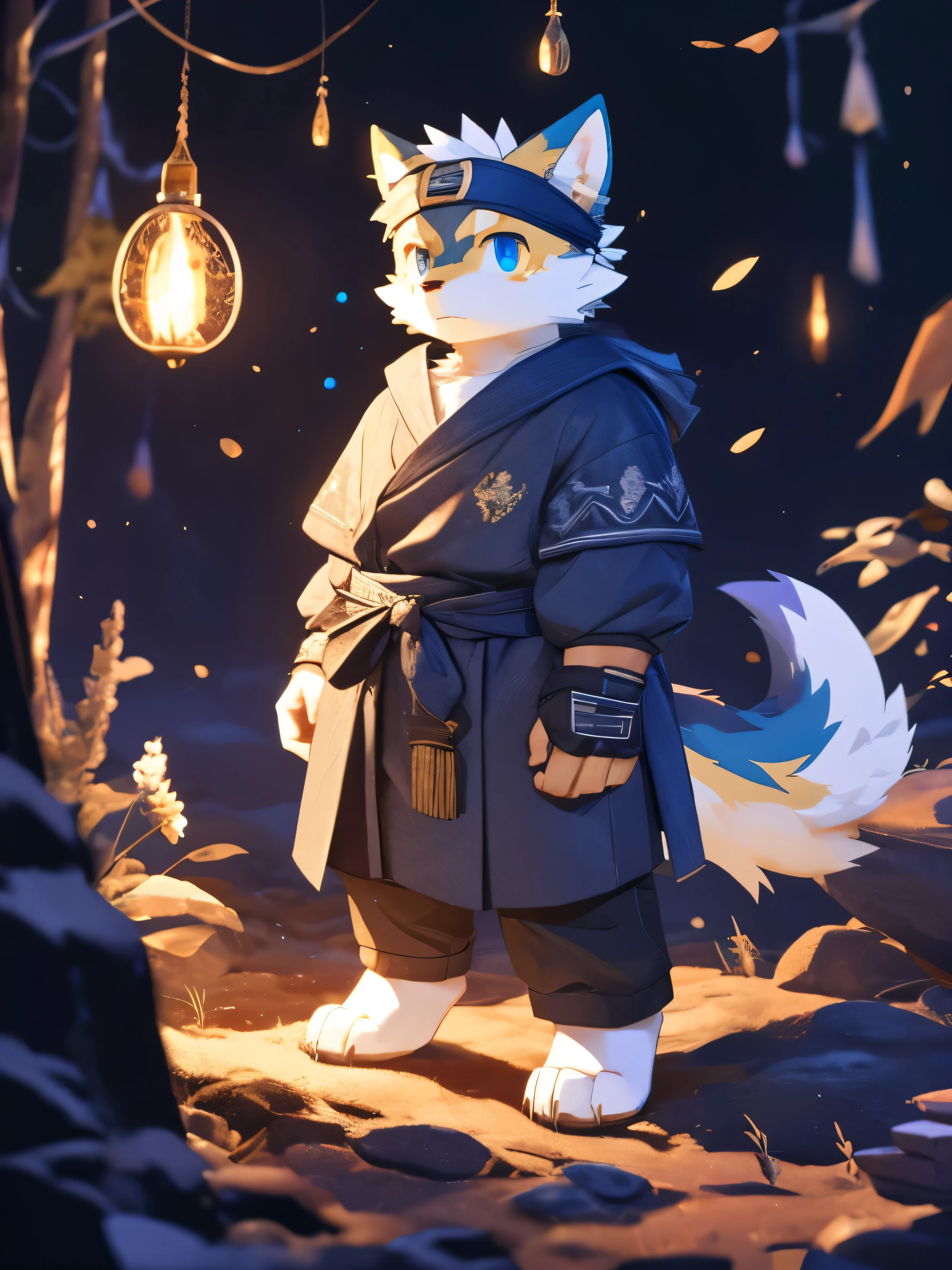 nj5furry，kemono，full-length portrait，anthro，hi res，juvenile，male，strong，Headband，White robe，Gold texture，Knight，Brown Wolf，Fluffy hair，Silver plush paw，Fingerless gloves，Golden Eyes，Delicate eyes，Detailed eyes，Extremely high detail，8K HD characters，indifferent，(particle, Scattered letters, Light): 1.3