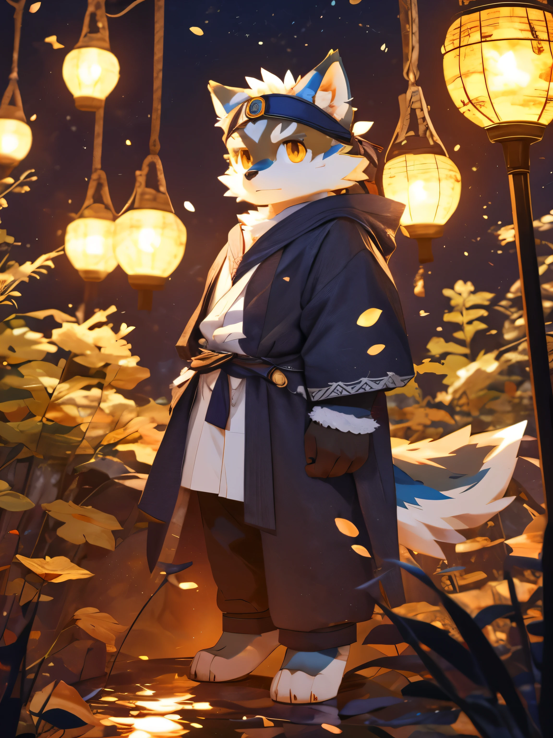 nj5furry,kemono,full-length portrait,anthro,hi res,juvenile,male,strong,Headband,White robe,Gold texture,Knight,Brown Wolf,Fluffy hair,Silver plush paw,Golden Eyes,Delicate eyes,Detailed eyes,Extremely high detail,8K HD characters,indifferent,(particle, Scattered letters, Orange Light): 1.3