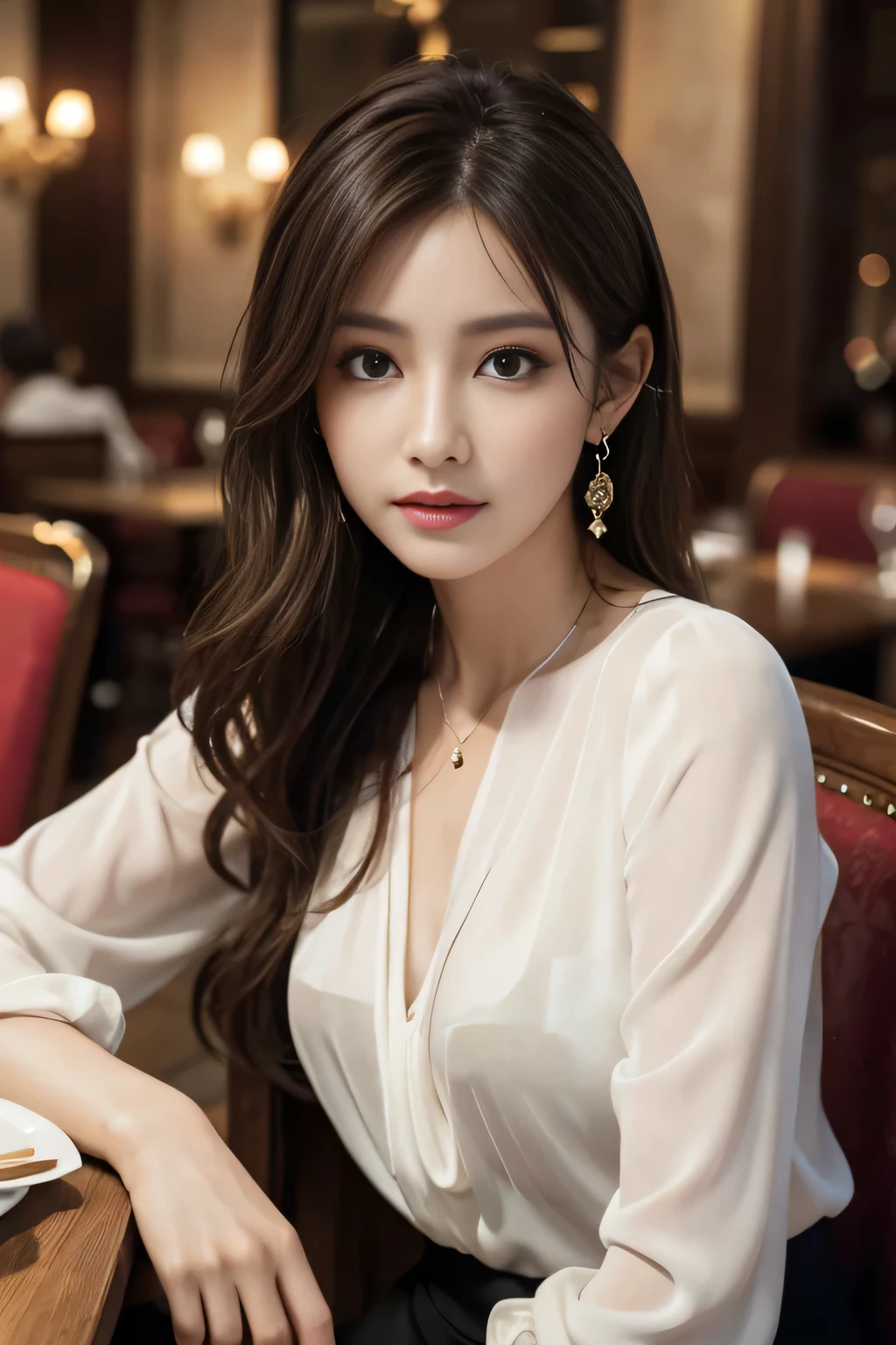 masterpiece, highest quality, Realistic, Very detailed, Finer details, High resolution, 8k wallpaper, One beautiful woman, Wear an elegant see-through blouse, In a great restaurant, At night, Light brown messy hair, Perfect dynamic composition, Beautiful and beautiful eyes、Big earrings、Sitting in a chair、