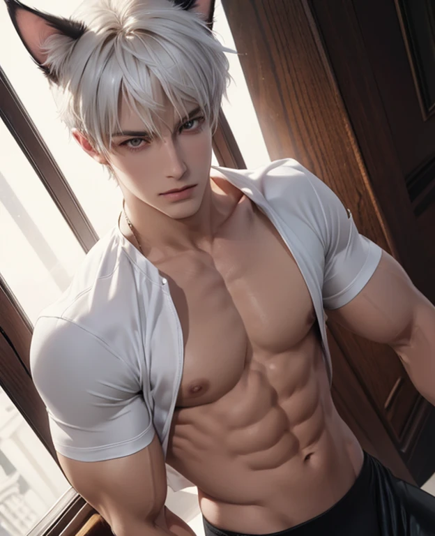 Full body photorealistic 4k, Catboy , cat ears, yellow cats eyes, very high resolution, best quality, masterpiece, perfect color, perfect shade, perfect lighting, Posted by e621, ((portrait)), ((handsome man)), perfect male figure, Short hair details，chest muscles，abdominal muscles, wearing a black tight fit latex spandex with boots and gloves,  Detailed face, perfect face, (stood up), Detailed background, ((Bonifasco Lighting)), (delicate eyes)),white haired. 