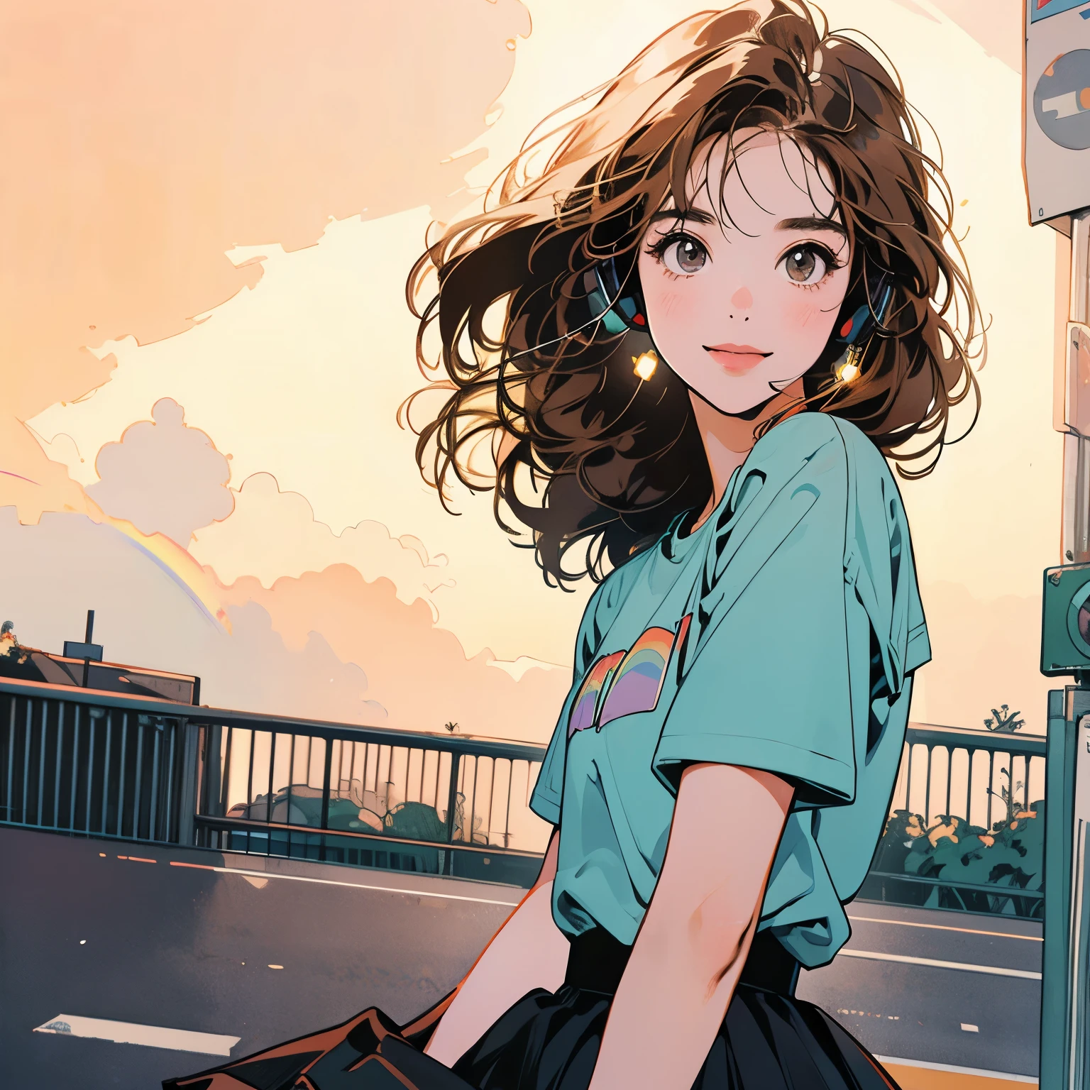 whole body、Kind Face、1 pretty woman、Short sleeve、skirt、pedestrian crossing、Signal 、intersection、Complex background、smile、Light brown hair、Faint lighting、Wearing headphones、Rainbow in the sky
