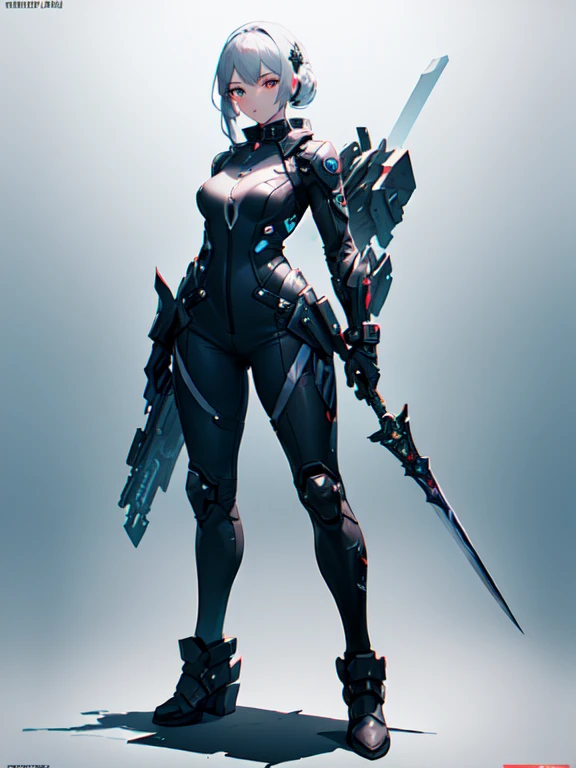 Design a layout showcase Gaming character, (1girl). Black+Silver clothes, sleek and modern, ((showcase weapon:1.4)), laser gun, (masterpiece:1.2), (best quality), 4k, ultra-detailed, (Step by step design, layout art:1.5), (neon lighting, cyber ambiance), cyberpunk, ((tech gloves)), (((revealing jumpsuit:1.3))), tech armor, combat boots, (((full_body_shot:1.4)))