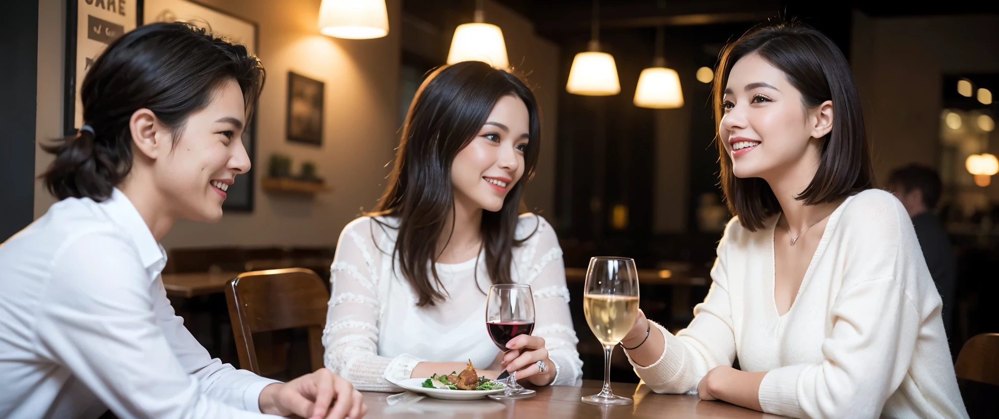 ((highest quality、8k、masterpiece:1.3))、1 male、1 female、Couple、spouse、Couple、Slim body、((Bob Hale、Straight hair:1.2)), (Realistic, Intricate details:1.2), Wine glass on the table、Shine light on your face、 Amazing view of the sunset sky and clouds、Amazing mountain views、A bright smile、The wonderfulness of smile、Bright image、The beauty of wine, Beautiful Face, blue eyes, The light shines on your face, Blushing, short hair,Bright Face、 (Age 37), 42 years old, red wine 、Appetizers、Italian food、Wine bottle、Champagne、sparkling wine、Two beauties、Brown Hair、Shortcuts、Long sleeve shirt、dress、Pretty Woman 1, (Slim face), (The body is slim), (Brown Hair), (Shortcuts), cheeks turn a little red,Attractive beauty、restaurant, In a prominent place (From the waist up) Nova Frog Style, actress, model, Upper Body, White wine, slim, wine glass, Wine glass placed in the center, smile, (smile: 1.15), Beautiful fine grain, Depth f/2,saturation, High Contrast, Strong light and shadow,Moist Body:1.5、3D texture、Delicate eyes、Brown Hair、The hair is very shiny、