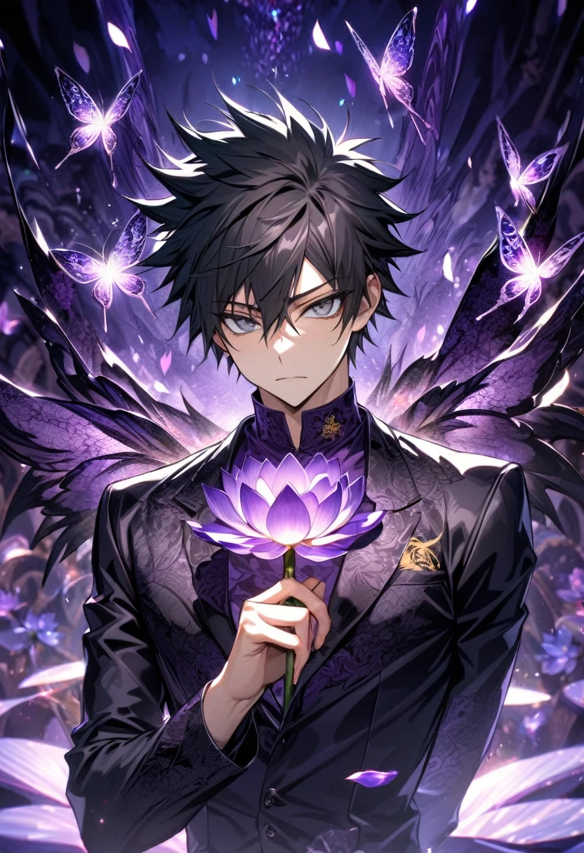absurdres, highres, ultra detailed, HDR, master piece, best quality, Hibari Kyoya, black hair, expressive gray eyes, katekyo hitman reborn!, solo, handsome, sexy man, black jacket, purple shirt, patterns, magical, fantasy, purple background, purple lotus, shining, purple petals, purple sparkling butterflies, purple water