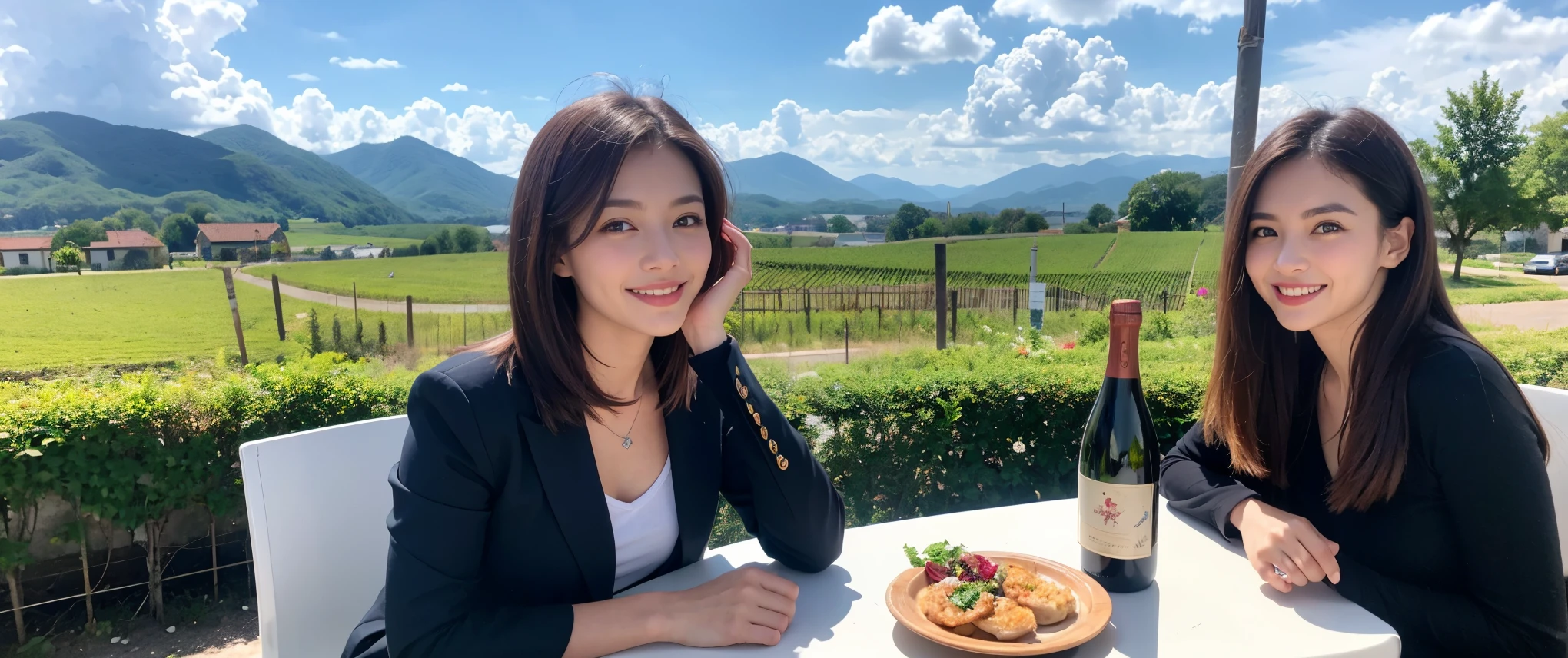 ((highest quality、8k、masterpiece:1.3))、1 male、1 female、Couple、spouse、Couple、Slim body、((Bob Hale、Straight hair:1.2)), (Realistic, Intricate details:1.2), Wine glass on the table、Shine light on your face、 Amazing view of the sunset sky and clouds、Amazing mountain views、A bright smile、The wonderfulness of smile、Bright image、The beauty of wine, Beautiful Face, blue eyes, The light shines on your face, Blushing, short hair,Bright Face、 (Age 37), 42 years old, red wine 、Appetizers、Italian food、Wine bottle、Champagne、sparkling wine、Two beauties、Brown Hair、Shortcuts、Long sleeve shirt、dress、Pretty Woman 1, (Slim face), (The body is slim), (Brown Hair), (Shortcuts), cheeks turn a little red,Attractive beauty、restaurant, In a prominent place (From the waist up) Nova Frog Style, actress, model, Upper Body, White wine, slim, wine glass, Wine glass placed in the center, smile, (smile: 1.15), Beautiful fine grain, Depth f/2,saturation, High Contrast, Strong light and shadow,Moist Body:1.5、3D texture、Delicate eyes、Brown Hair、The hair is very shiny、