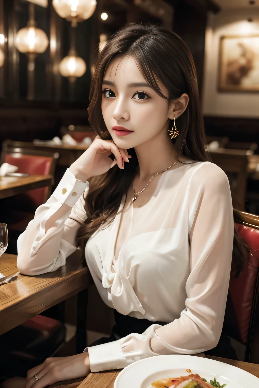 masterpiece, highest quality, Realistic, Very detailed, Finer details, High resolution, 8k wallpaper, One beautiful woman, Wear an elegant see-through blouse, In a great restaurant, At night, Light brown messy hair, Perfect dynamic composition, Beautiful and beautiful eyes、Big earrings、Sitting in a chair、