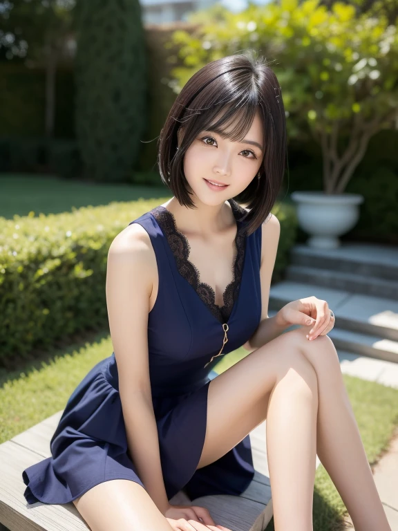 (highest quality:1.5), (Real:1.5), (1 person:1.5), (Very detailed), (High resolution), 8k, medium breasts, Natural color lip, Cute smile, Japanese women, 20 year old girl, (Perfect and beautiful face), (Big eyes), (Beautiful and Cute face), (Beautiful balanced eyes), Beautiful double eyelids, Perfect and beautiful face, Thin arched eyebrows, Slim face, (slim body), beautiful thin nose, beautiful skin, (medium bob hair), natural bangs, fair skin, (with a cute expression), (bright lighting), lighting from the front, (lighting the face), dark blue eyes, slim waistline, (miniskirt), slender and beautiful legs, garden, (with lace) (wearing a one-piece dress with a micro miniskirt), beautiful and slim thighs, low cut short skirt dress, National Library, sitting on a pile of books,