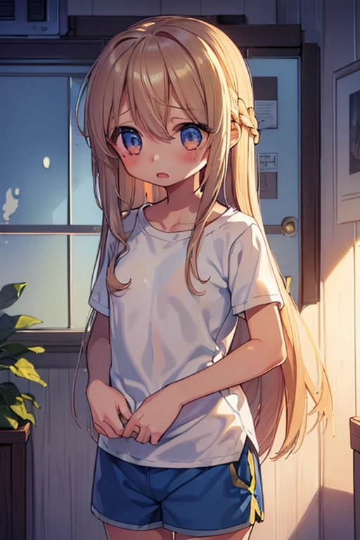 Beautiful illustrations, highest quality, (12-year-old girl:1.4)、(pretty girl:1.5)、、Flat Chest、Blue thin striped shirt、(light blue sports shorts:1.7)、Cinema Lighting, (Gold long hair:1.3)、Straight Hair、Redness on the cheeks、(orgasm、Melted eyes:1.5)