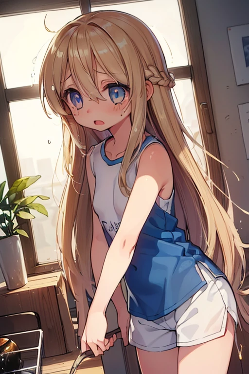 Beautiful illustrations, highest quality, (-yeld gi1.4)、(pretty girl:1.5)、、Flat Chest、Blue thin striped shirt、(light blue sports shorts:1.7)、Cinema Lighting, (Gold long hair:1.3)、Straight Hair、Redness on the cheeks、(orgasm、Melted eyes:1.5)