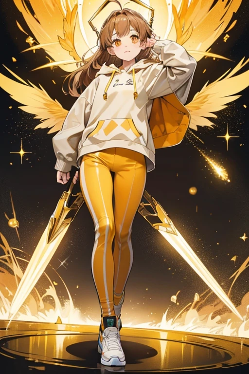 Miruru has large, golden-orange eyes and light brown hair worn beneath her gold hoodie. She has basic yellow wings and small antennae on the top of her hood. She wears very puffy brown and gold striped pants, light navy shoes, and grey tights. SPARKLE; GLITTER