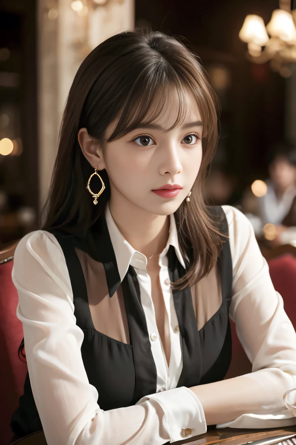 masterpiece, highest quality, Realistic, Very detailed, Finer details, High resolution, 8k wallpaper, One beautiful woman, Wear an elegant white see-through blouse, In a great restaurant, At night, Light brown shaggy haircut, Perfect dynamic composition, Beautiful and beautiful eyes、Big earrings、Sitting in a chair、