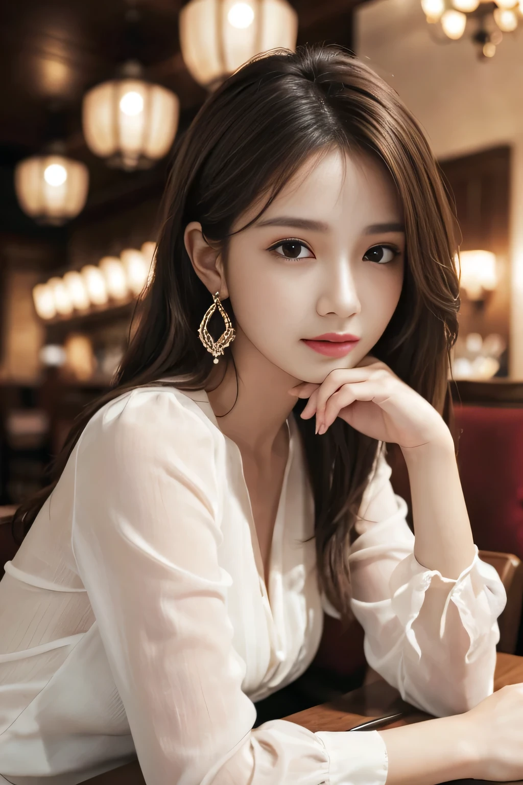 masterpiece, Highest quality, Realistic, Very detailed, Finer details, High resolution, 8k wallpaper, One beautiful woman, Wear a pretty colored silk shirt, In a great restaurant, At night, Light brown messy hair, Perfect dynamic composition, Beautiful and beautiful eyes、Big earrings、chest、Sleeveless shirt、